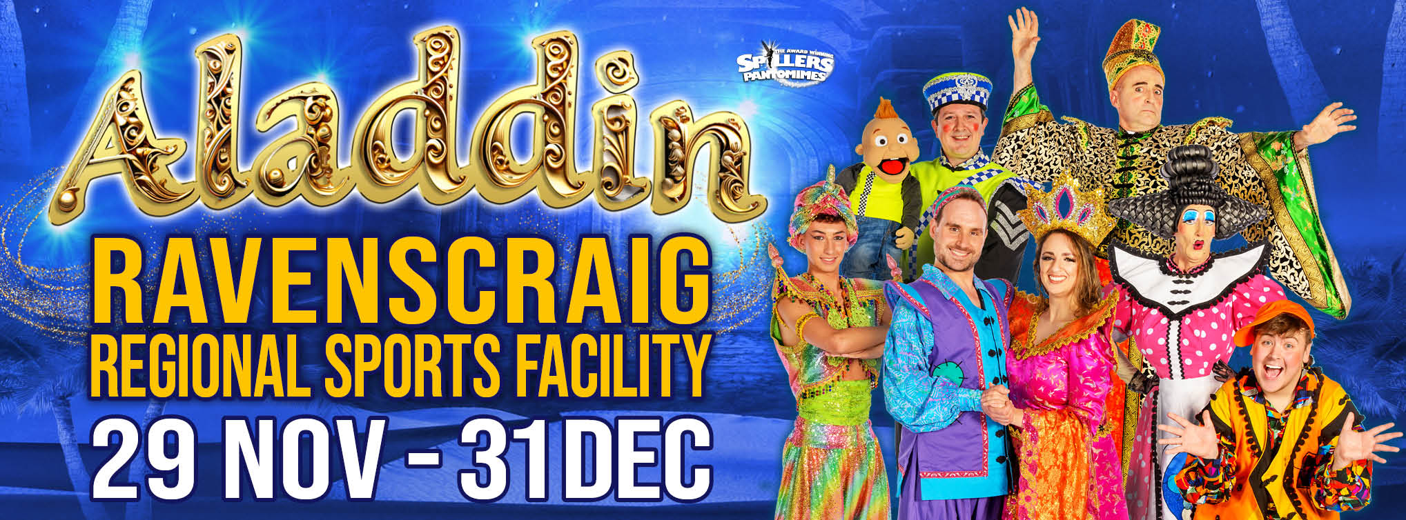 Aladdin cast photo with text reading Aladdin ravenscraig regional sports facility 29 nov to 31 dec